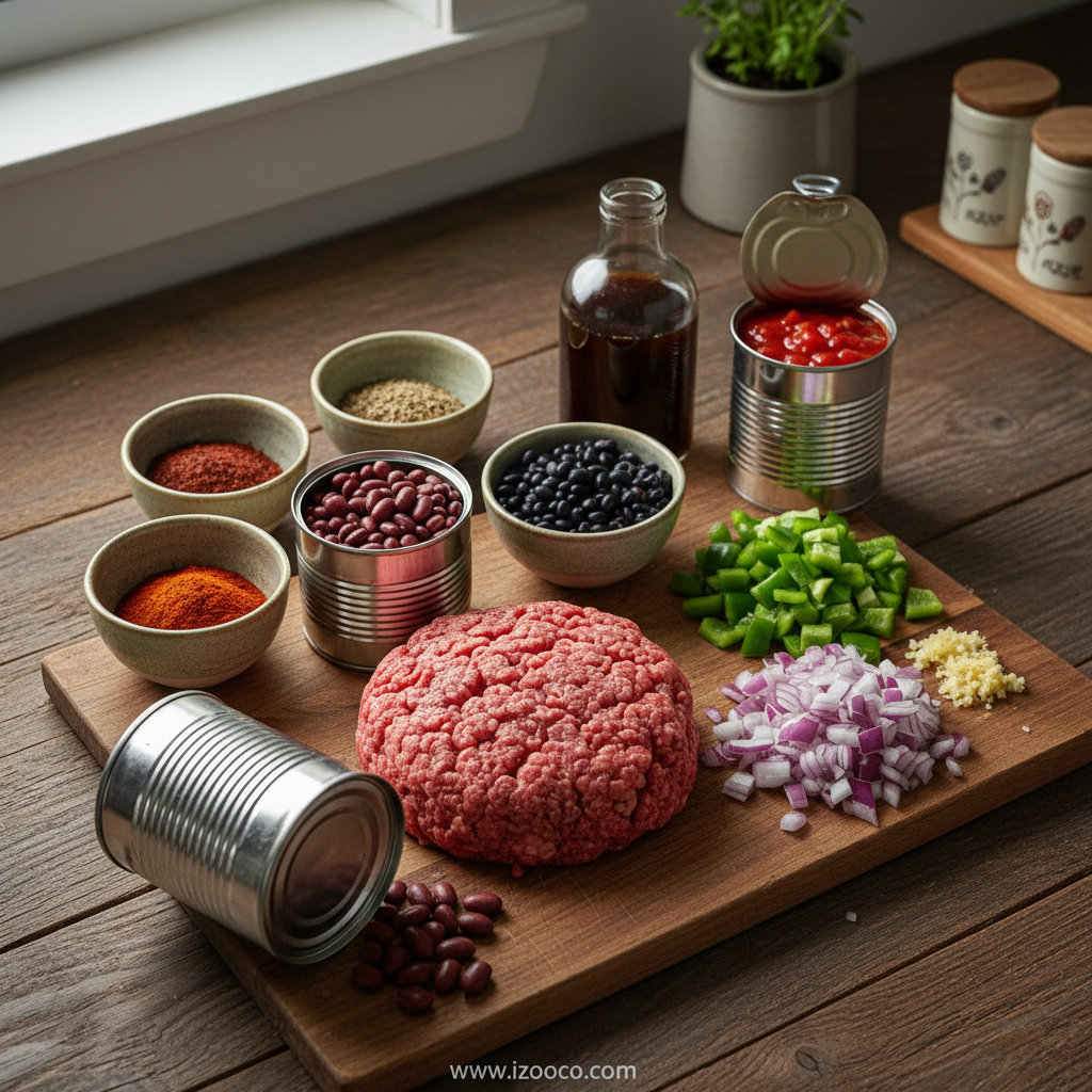 The Ultimate Best Chili Recipe: Easy, Thick & Flavorful Meat Chili 2 Ingredients for best chili recipe including ground beef, beans, tomatoes, and chili spices