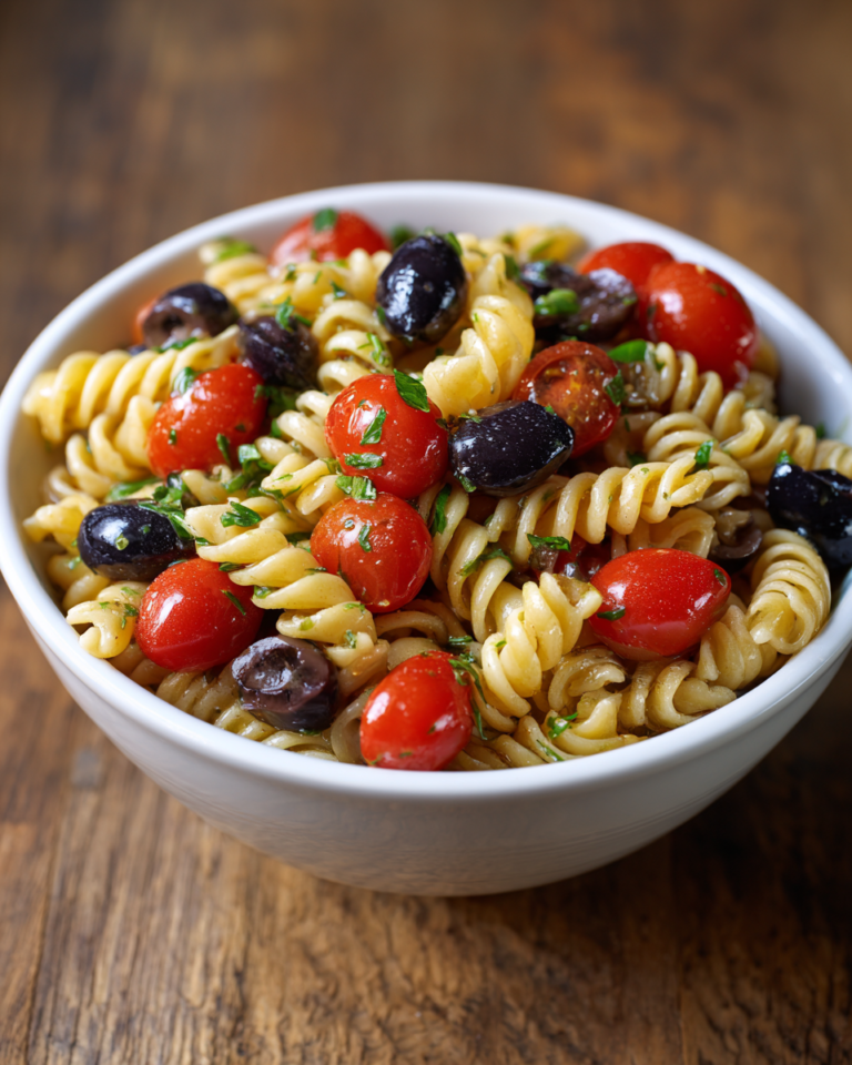Tri-Colored Rotini Pasta Salad with Cherry Tomatoes and Olives
