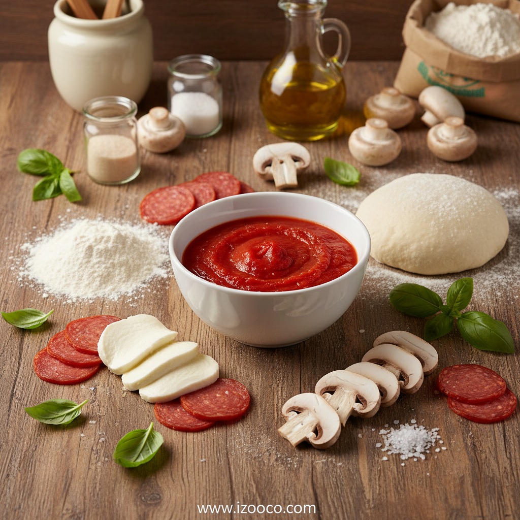 Fresh ingredients for making homemade pizza dough on wooden surface