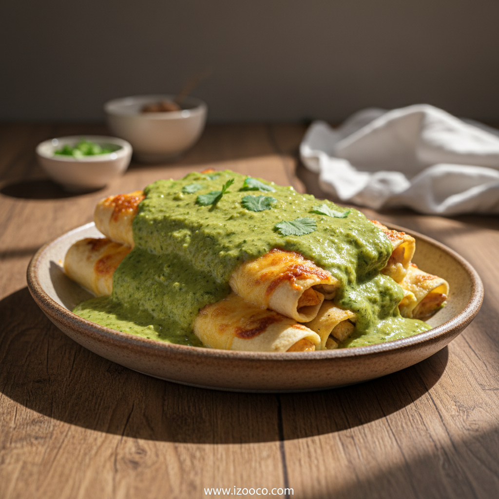 Authentic Mexican Dinner Recipes: Creamy White Chicken Enchiladas & Traditional Favorites 1 Creamy white chicken enchiladas baked to perfection with green chili sour cream sauce