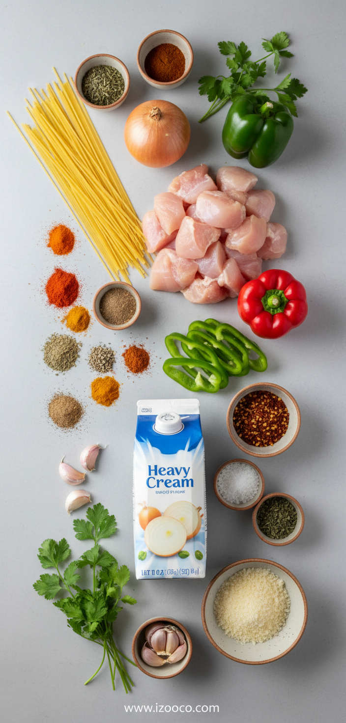 Bold Creamy Cajun Chicken Spaghetti: Weeknight Comfort with a Kick 2 Ingredients for Cajun chicken spaghetti laid out on counter