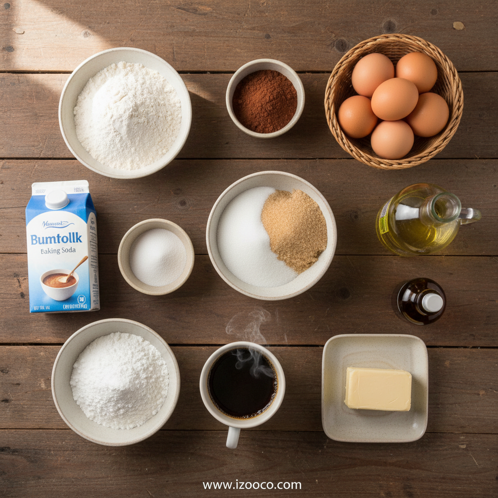 Ingredients for Brick Street Chocolate Cake arranged beautifully