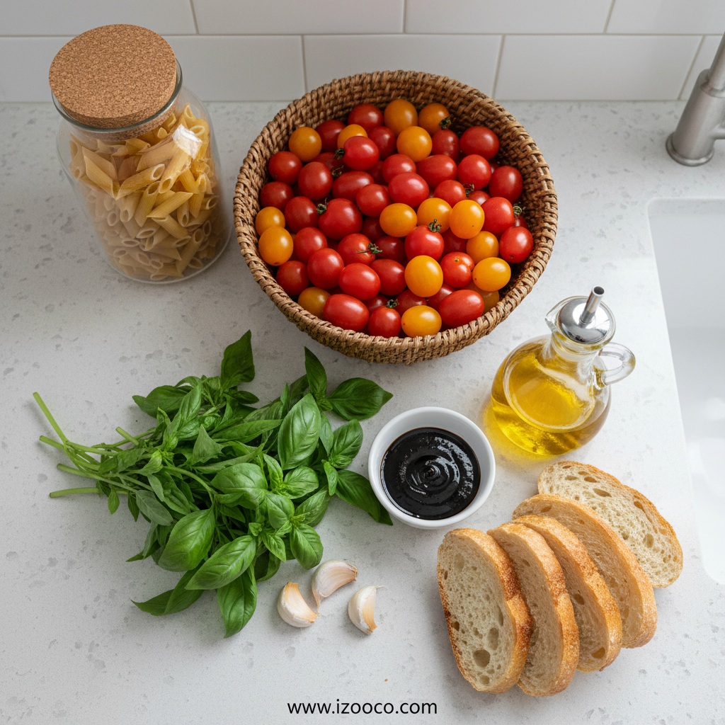 Ingredients for bruschetta pasta salad including pasta, tomatoes, basil, mozzarella, garlic and balsamic vinegar