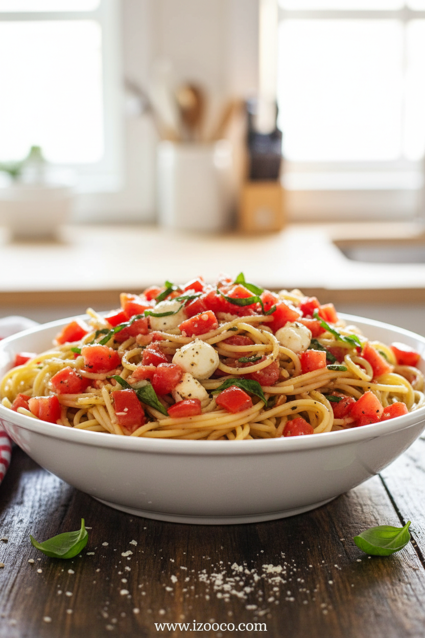 Delicious Bruschetta Pasta with fresh tomatoes, basil, and parmesan cheese
