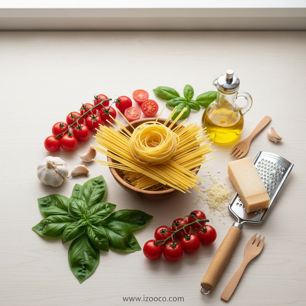 Ingredients for Bruschetta Pasta including tomatoes, basil, garlic, pasta, and olive oil