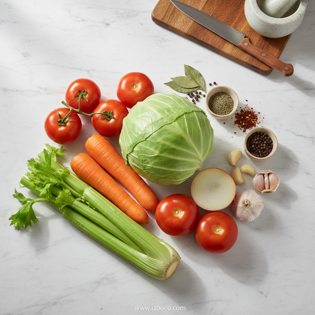 Fresh ingredients for cabbage soup preparation