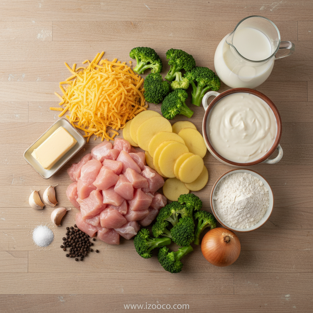 Fresh ingredients for chicken potato broccoli casserole
