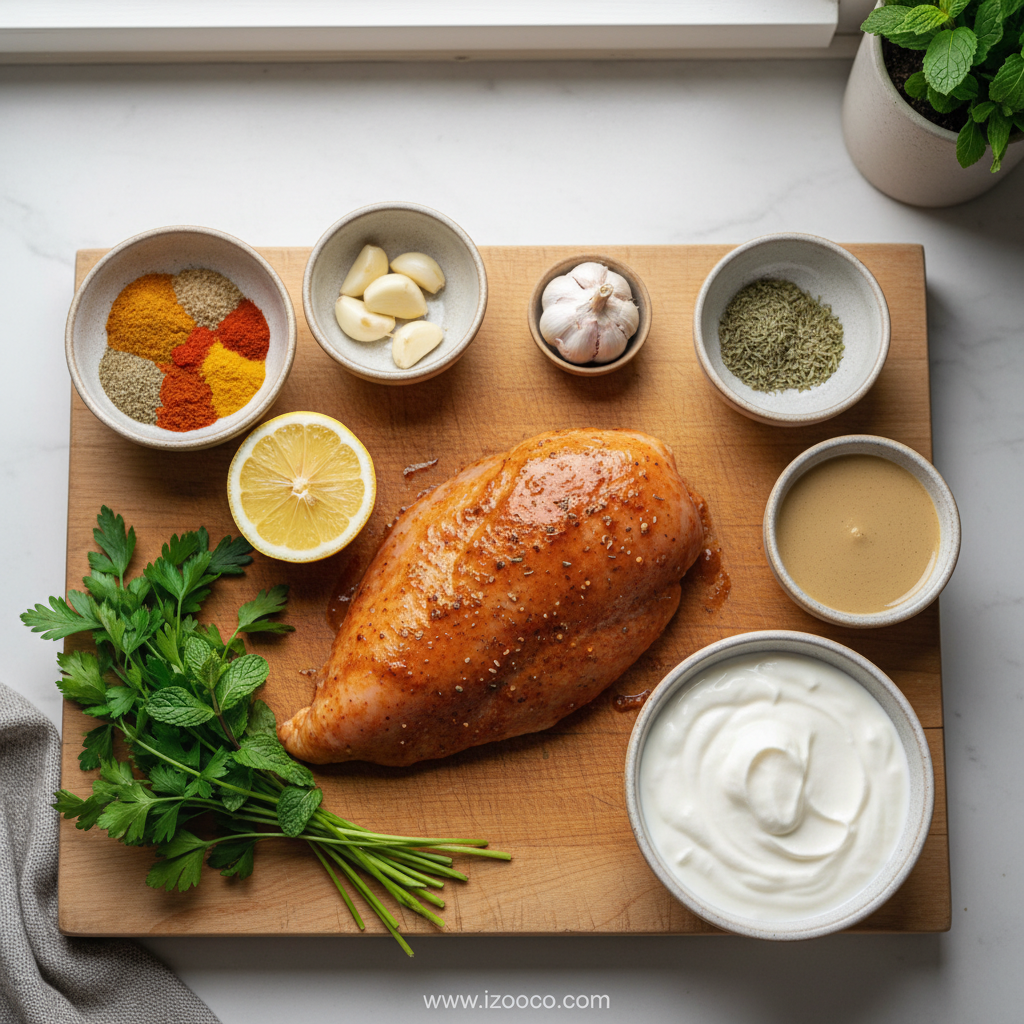 Fresh ingredients for chicken shawarma and garlic sauce