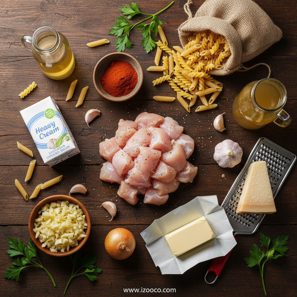 Ingredients for smoky garlic butter chicken pasta