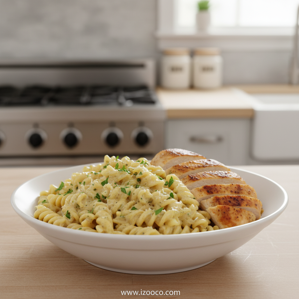Creamy garlic parmesan chicken pasta in a skillet
