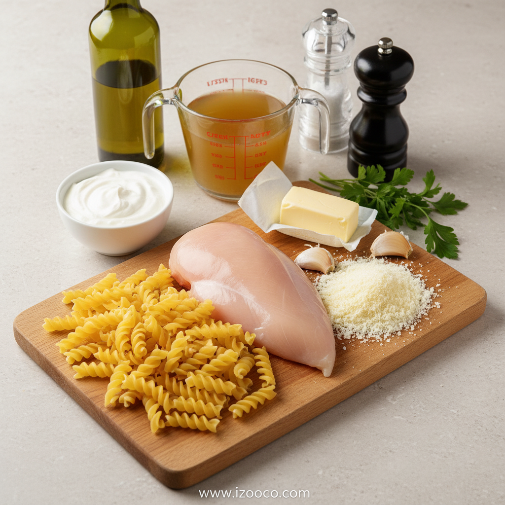 Ingredients for creamy garlic parmesan chicken pasta