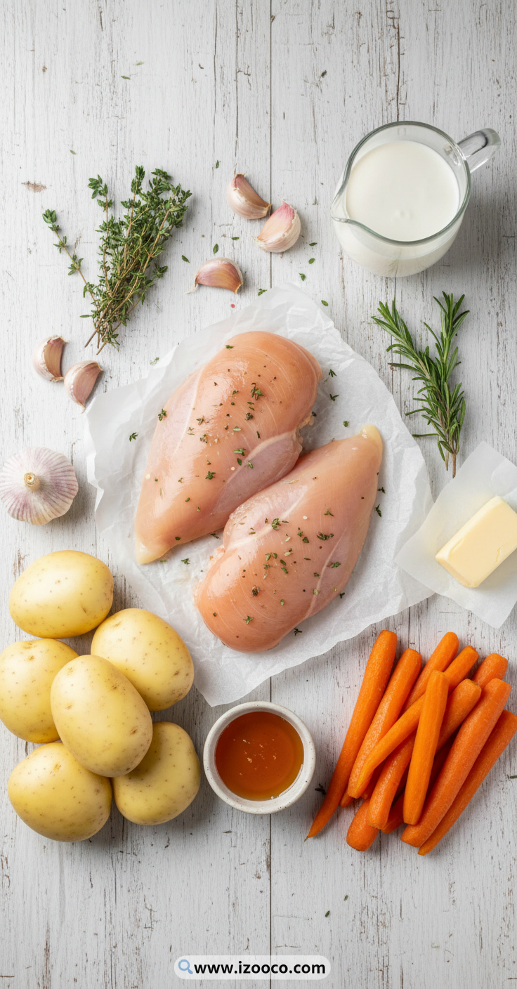 Ingredients for creamy herb chicken dinner with vegetables