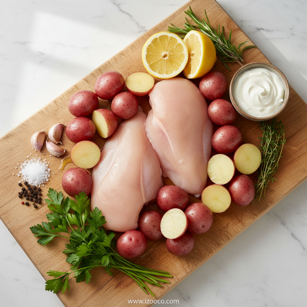 Fresh ingredients for creamy herb chicken including herbs, cream, chicken, and potatoes laid out on a wooden board
