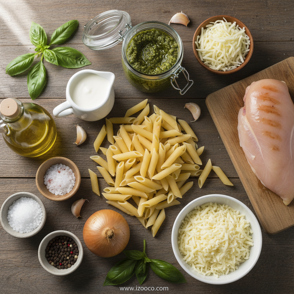 Ingredients for creamy pesto chicken pasta bake laid out on counter
