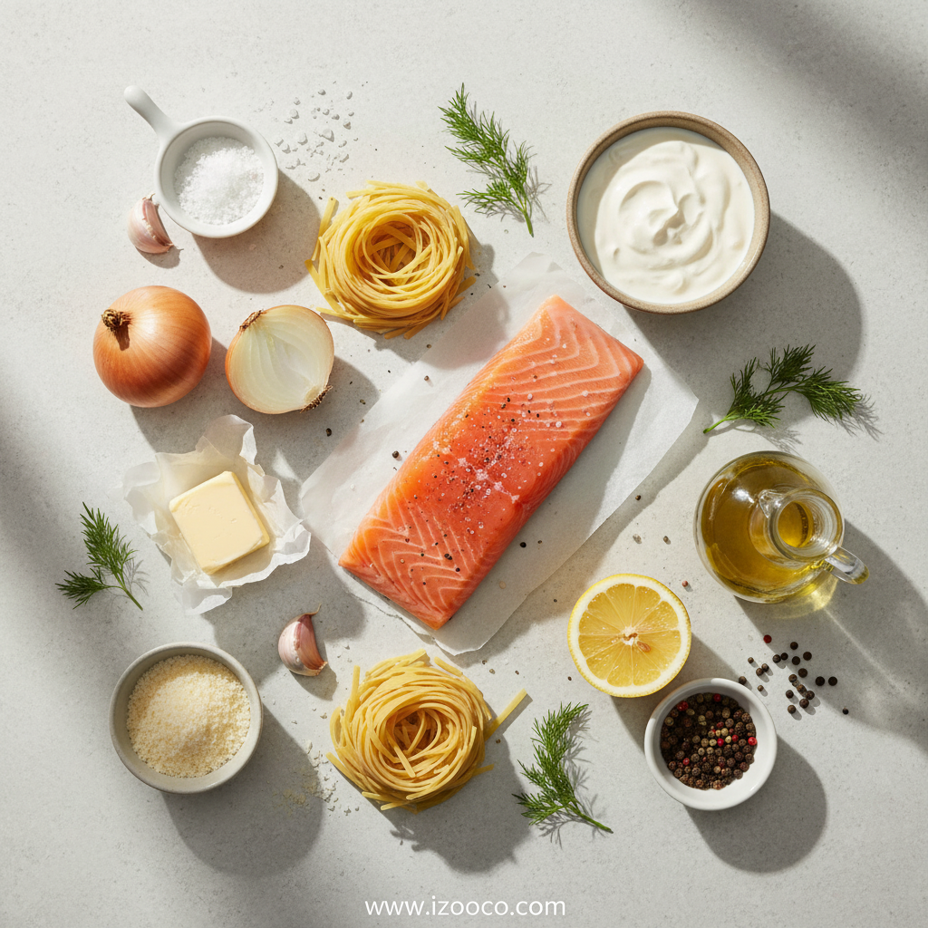 Fresh ingredients for creamy salmon pasta including salmon, garlic, cream, and pasta