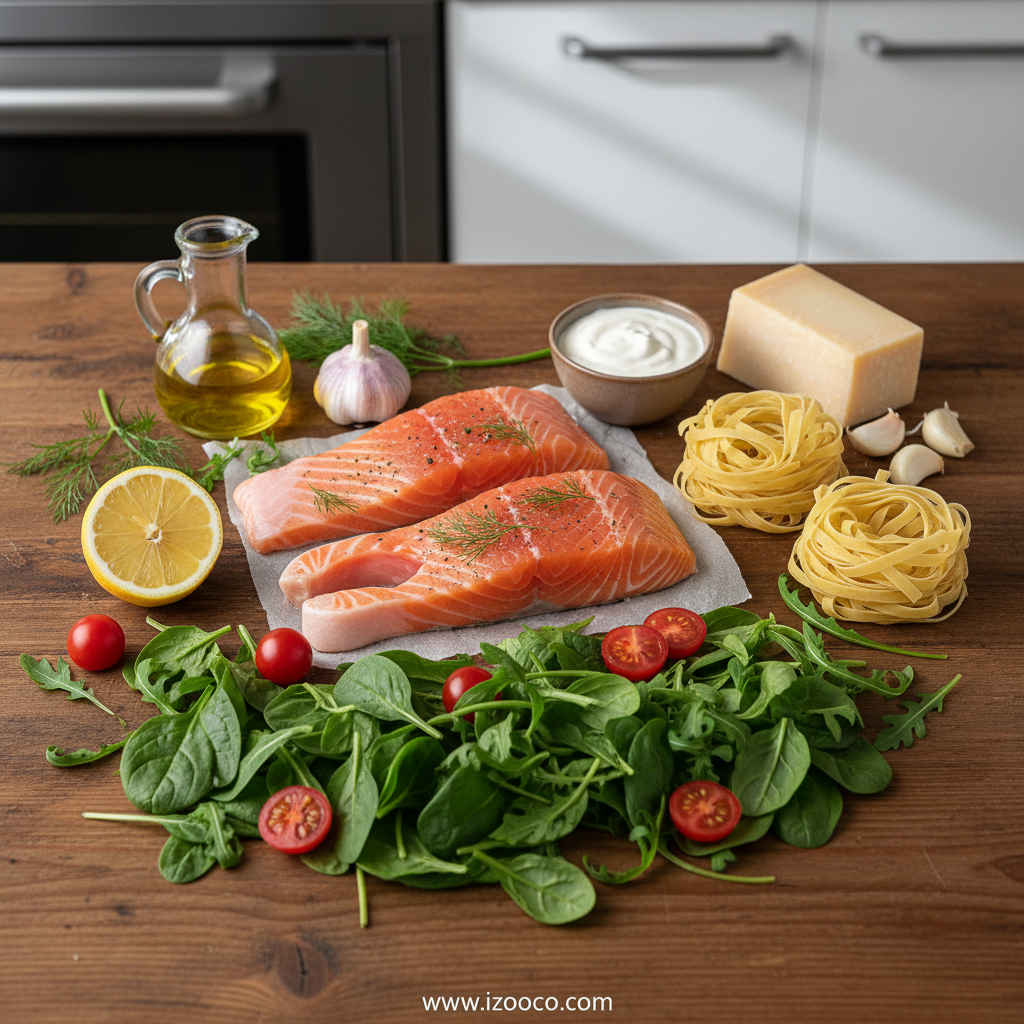 Fresh ingredients for creamy salmon pasta: salmon, pasta, mixed greens, cream, garlic