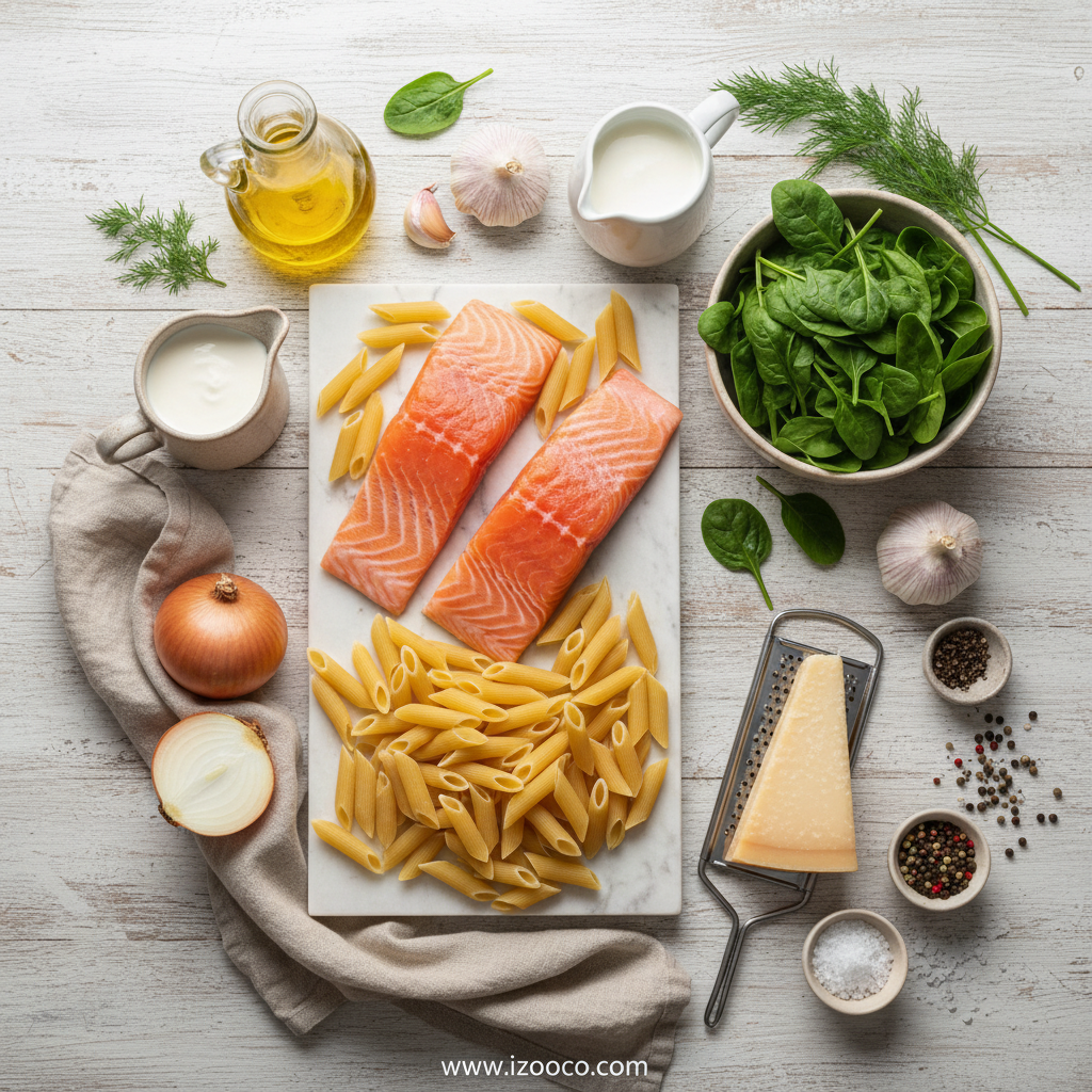 Creamy Salmon Spinach Pasta: Restaurant-Worthy Dinner in Just 25 Minutes 2 Fresh ingredients for creamy salmon spinach pasta arranged on countertop