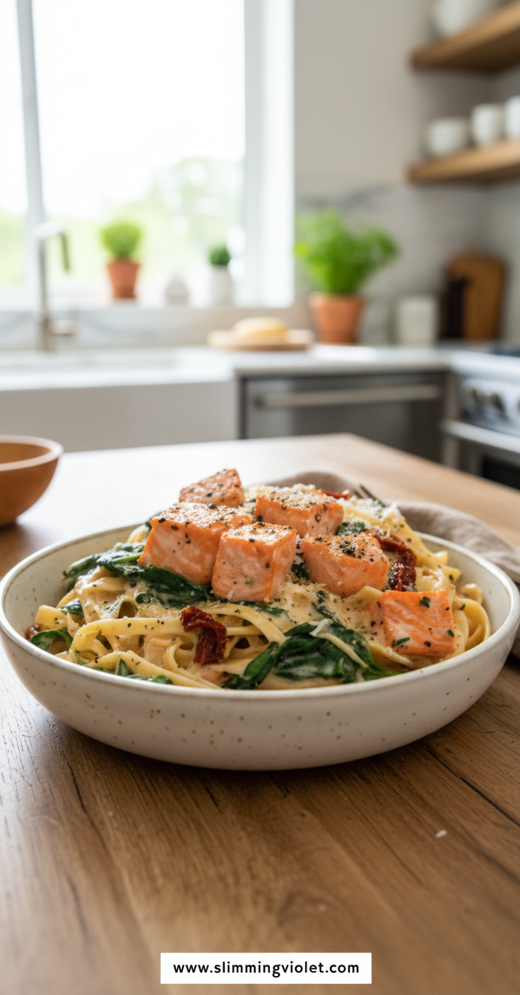 Creamy Tuscan salmon pasta in skillet with sun-dried tomatoes and spinach