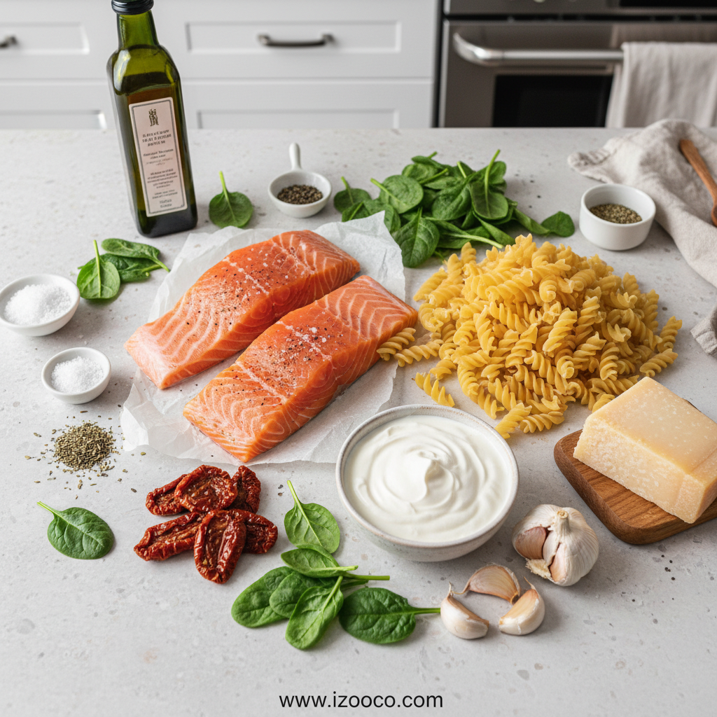 Ingredients for creamy Tuscan salmon pasta