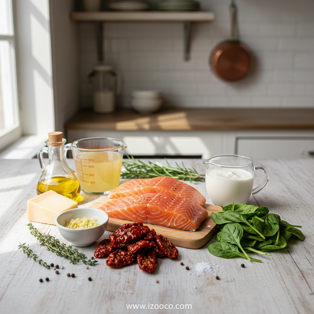 Ingredients for creamy Tuscan salmon recipe including salmon fillets, sun-dried tomatoes, spinach, cream, and seasonings