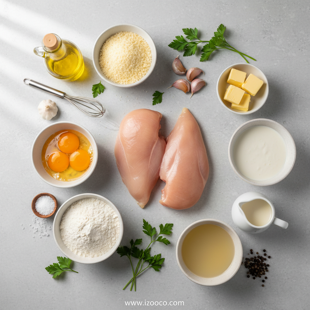 Crispy Parmesan Chicken with Rich Garlic Sauce | Easy Restaurant-Style Dinner 2 Ingredients for crispy Parmesan chicken including chicken breast, Parmesan cheese, breadcrumbs, garlic, and cream