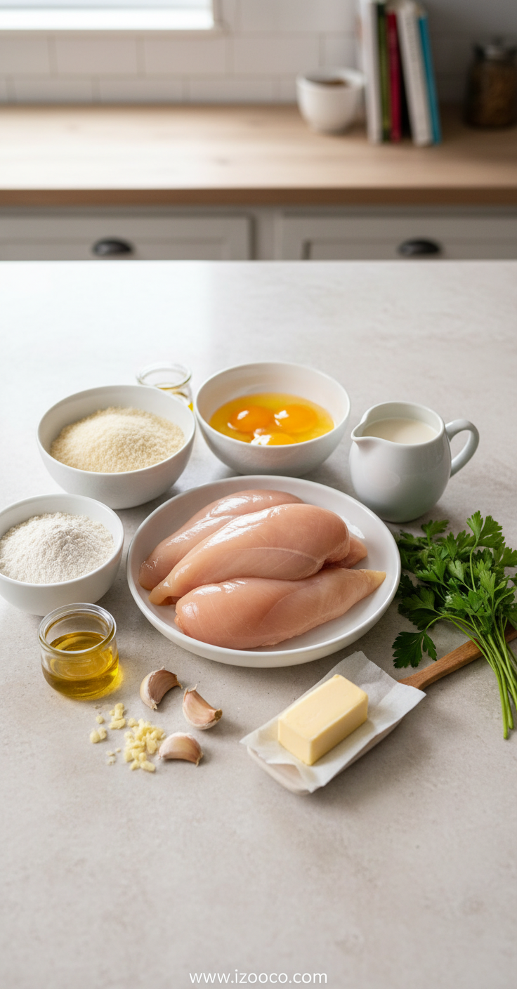 Ingredients for crispy parmesan chicken preparation