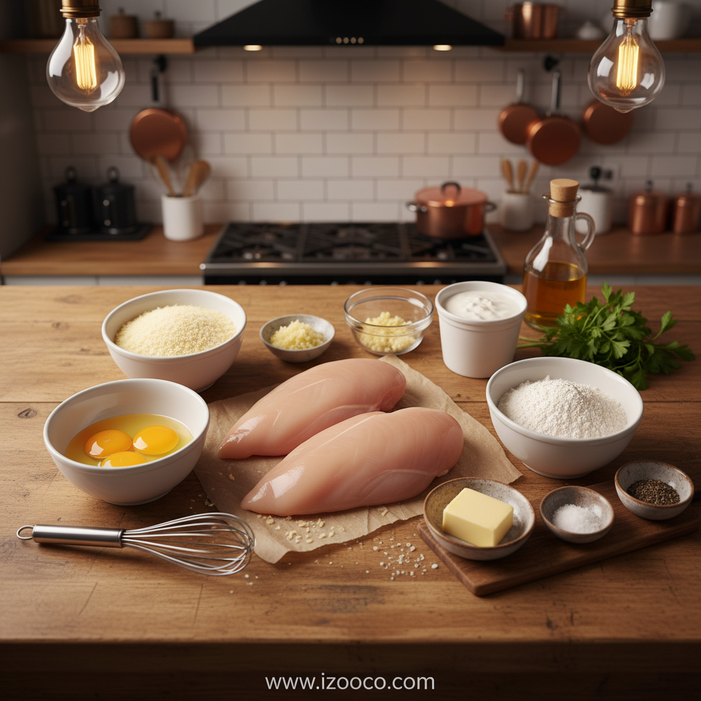 Ingredients for crispy Parmesan chicken and garlic sauce