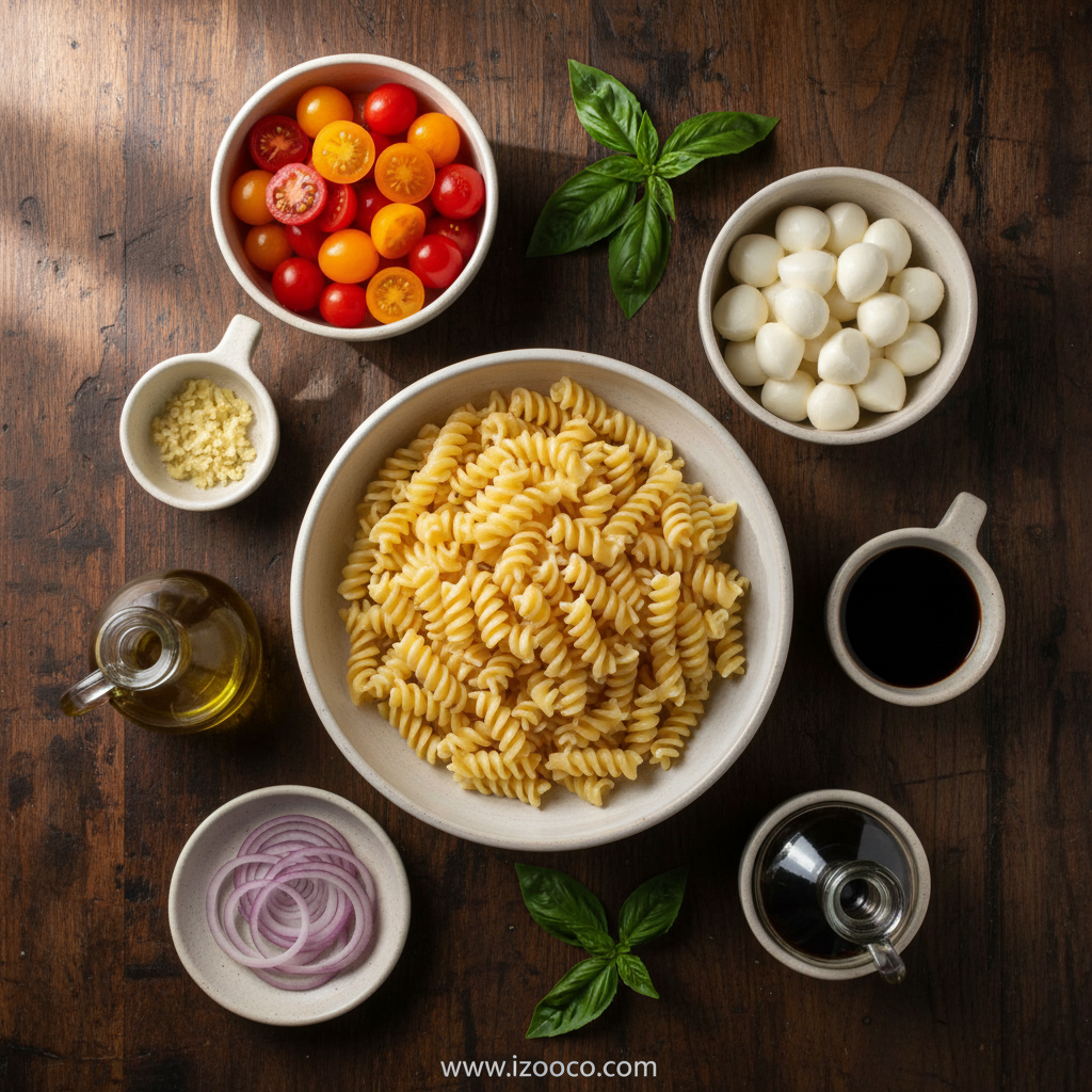 Ingredients for bruschetta pasta salad including pasta, cherry tomatoes, fresh basil, and olive oil