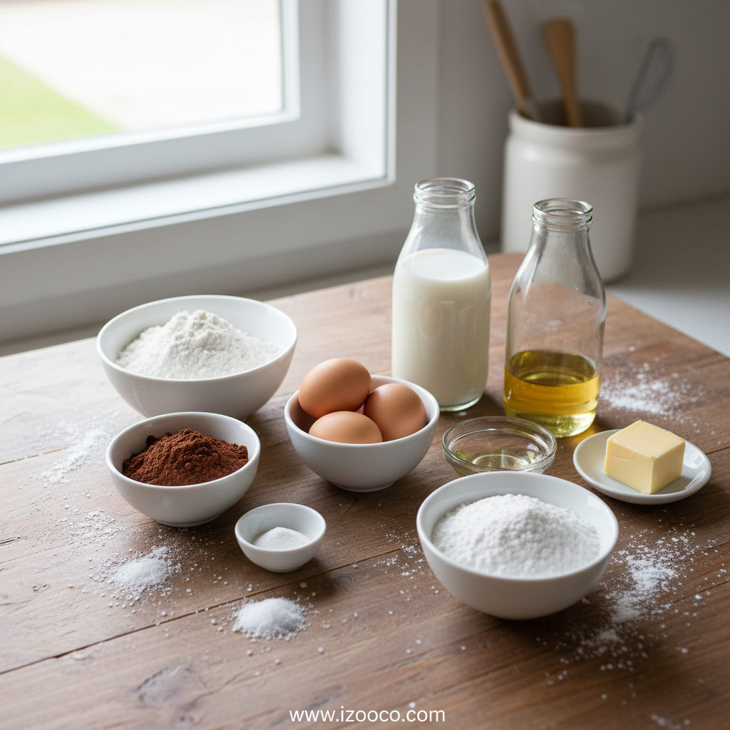 Easy Chocolate Sheet Cake with Fudgy Chocolate Frosting: The Ultimate One-Pan Dessert 2 All the ingredients needed for chocolate sheet cake and frosting