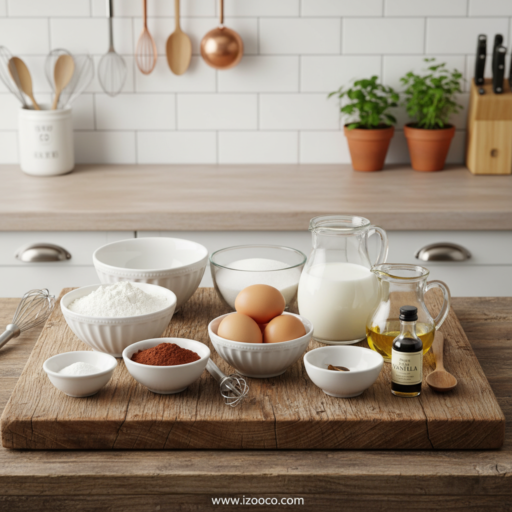 Ingredients for chocolate traybake arranged on a kitchen counter