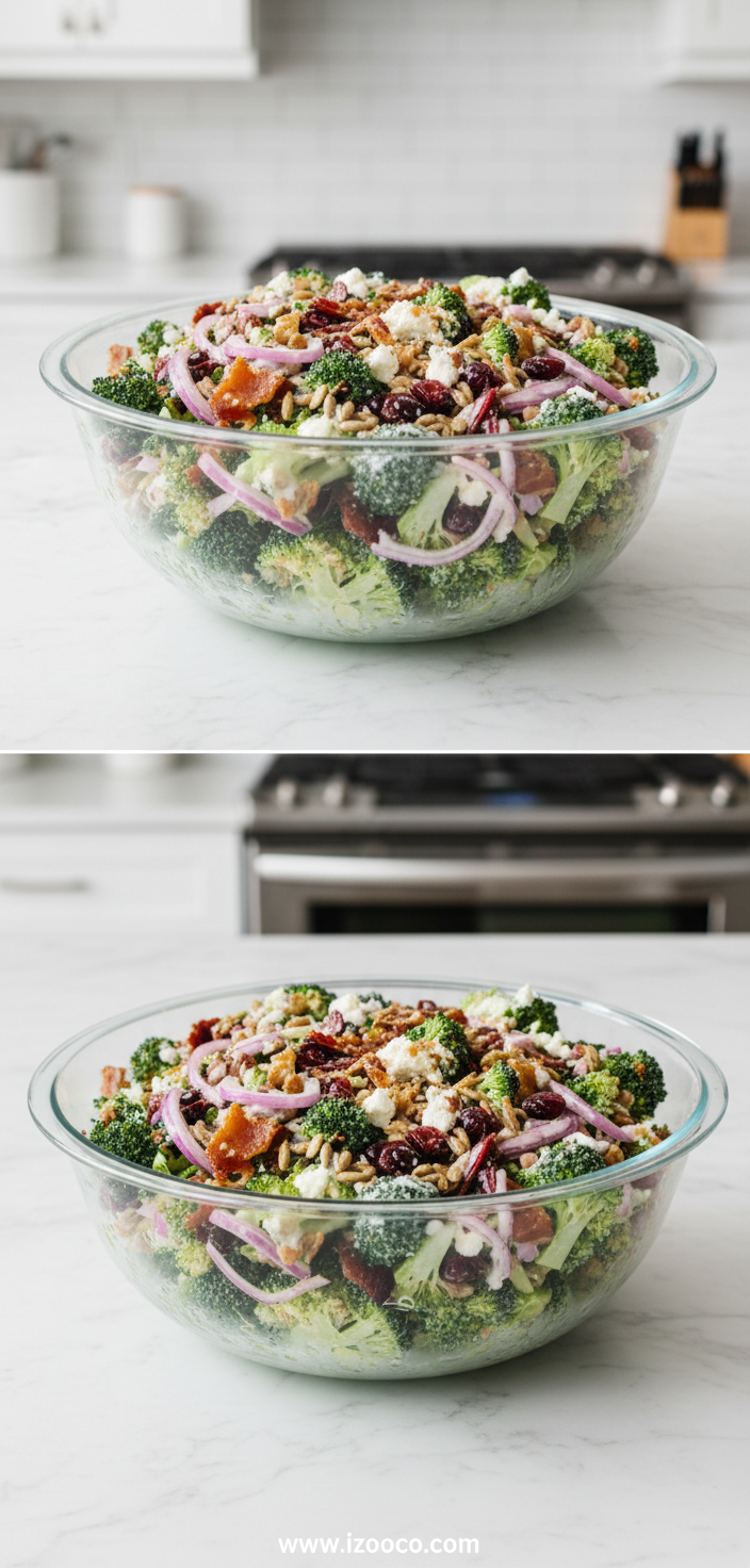 Beautiful bowl of fresh broccoli salad with colorful vegetables and creamy Greek yogurt dressing