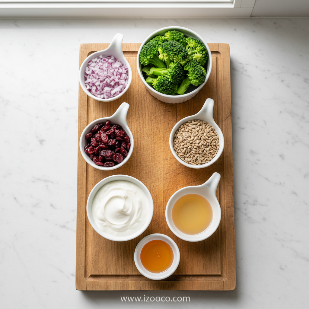 Fresh ingredients for broccoli salad including broccoli florets, carrots, red onion, and Greek yogurt