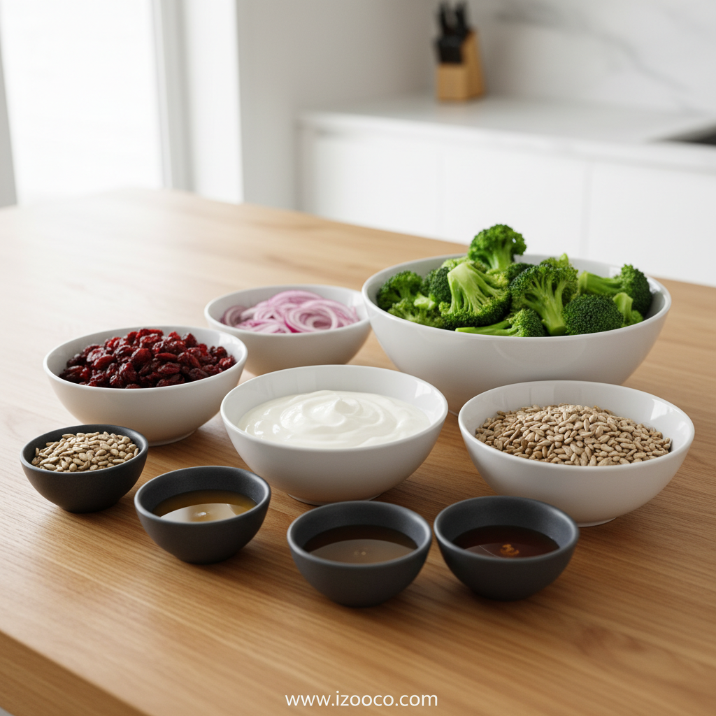 Healthy Broccoli Salad Recipe with Greek Yogurt Dressing | Easy & Light Side Dish 2 Fresh broccoli, red onion, Greek yogurt, and other ingredients for broccoli salad