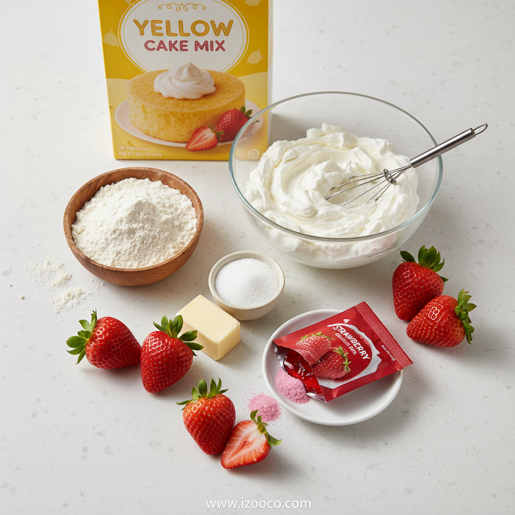 Easy Strawberry Crunch Cake Recipe: The Ultimate Nostalgic Dessert 2 Ingredients for strawberry crunch cake including flour, sugar, strawberries, eggs, and cookies