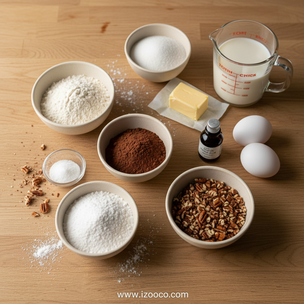Ingredients for Texas Sheet Cake lined up on counter