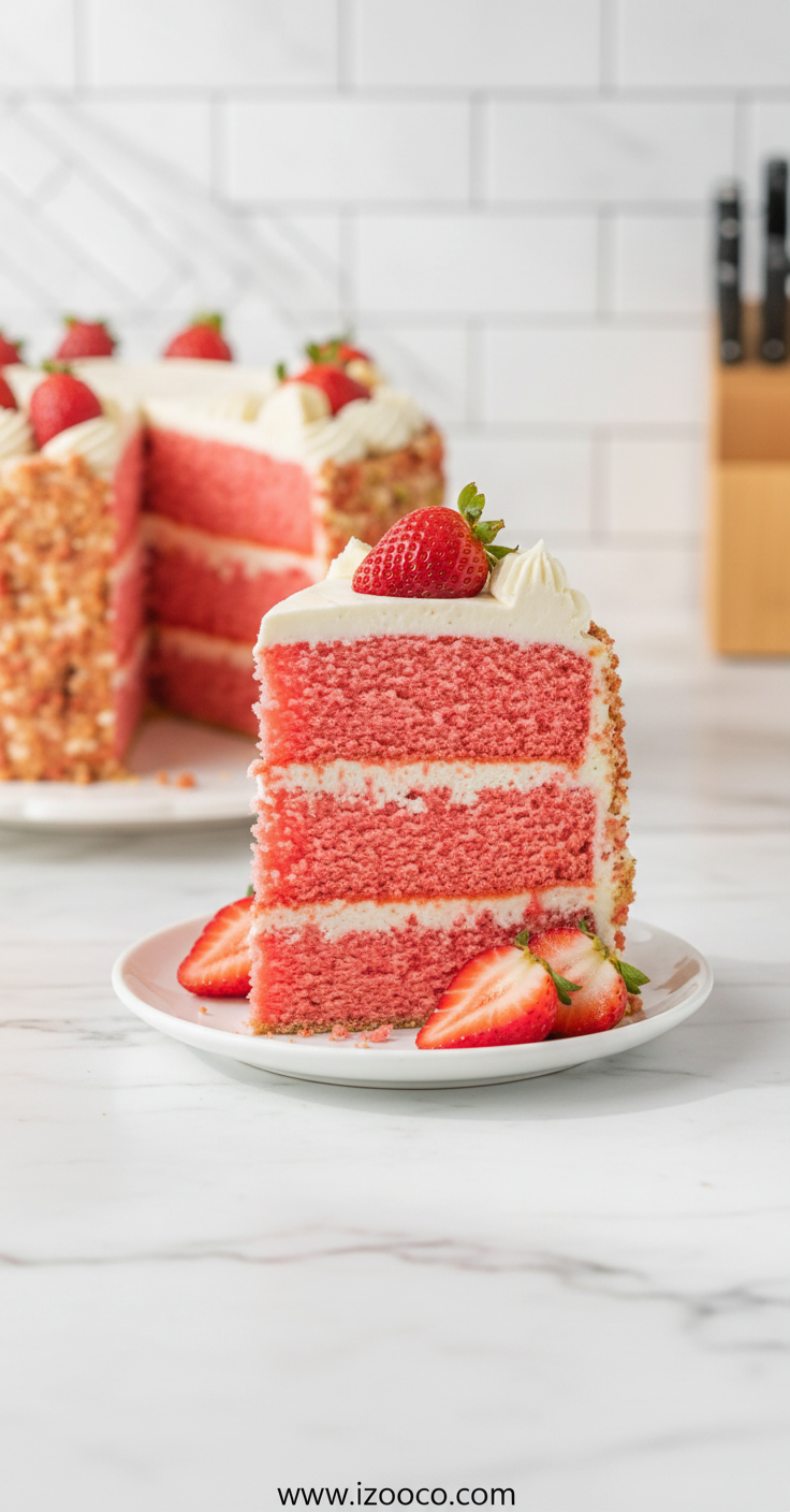 Beautiful strawberry crunch cake with creamy frosting and crunchy golden topping