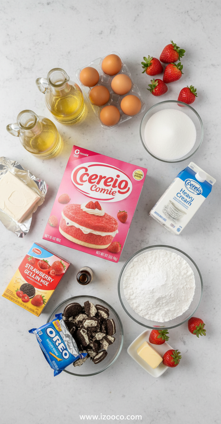 Fresh strawberries, flour, sugar, butter and other cake ingredients