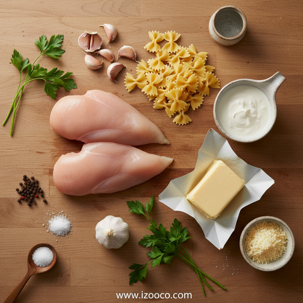 Ingredients for garlic butter chicken pasta including chicken, pasta, garlic, butter, cream, and seasonings