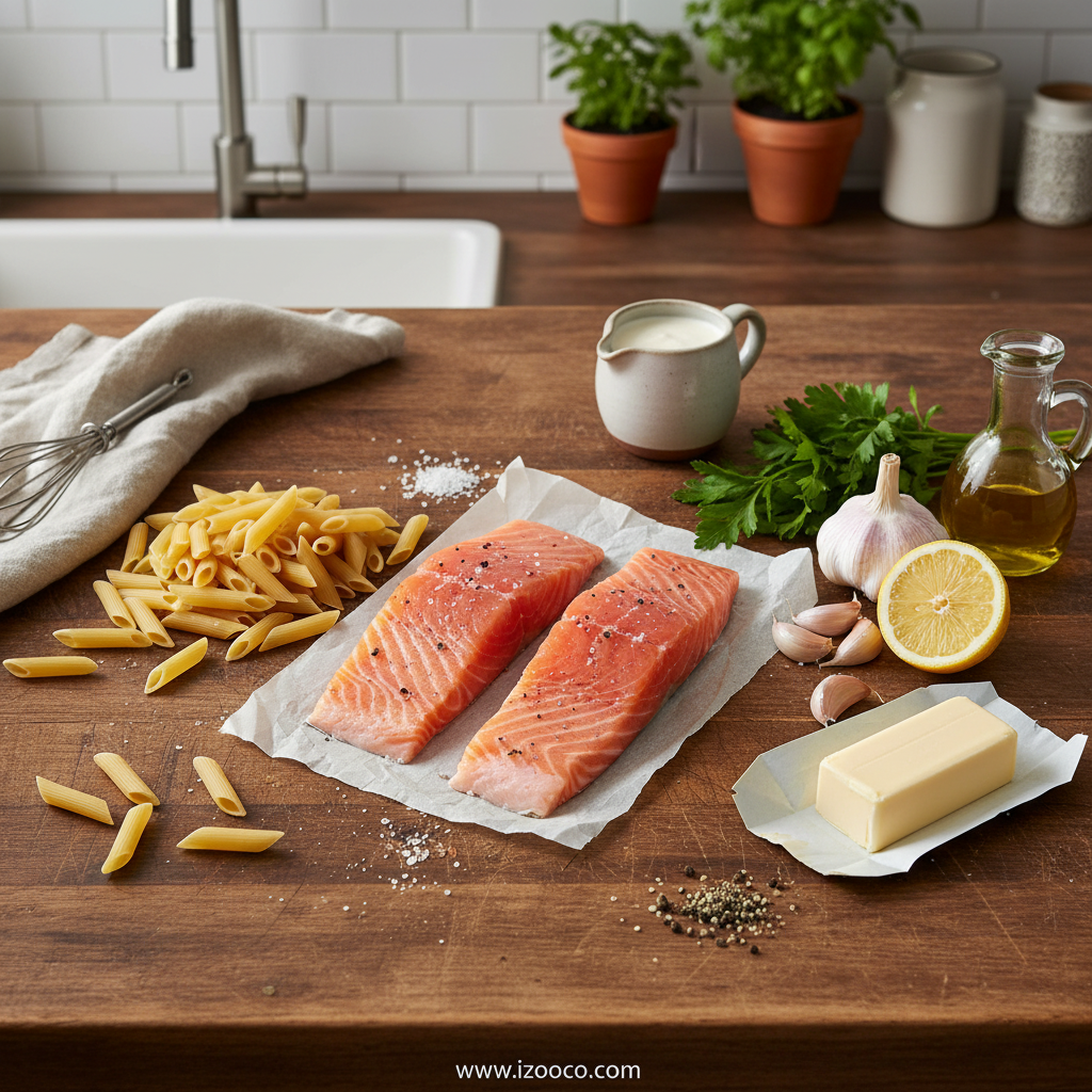 Ingredients for garlic butter salmon pasta