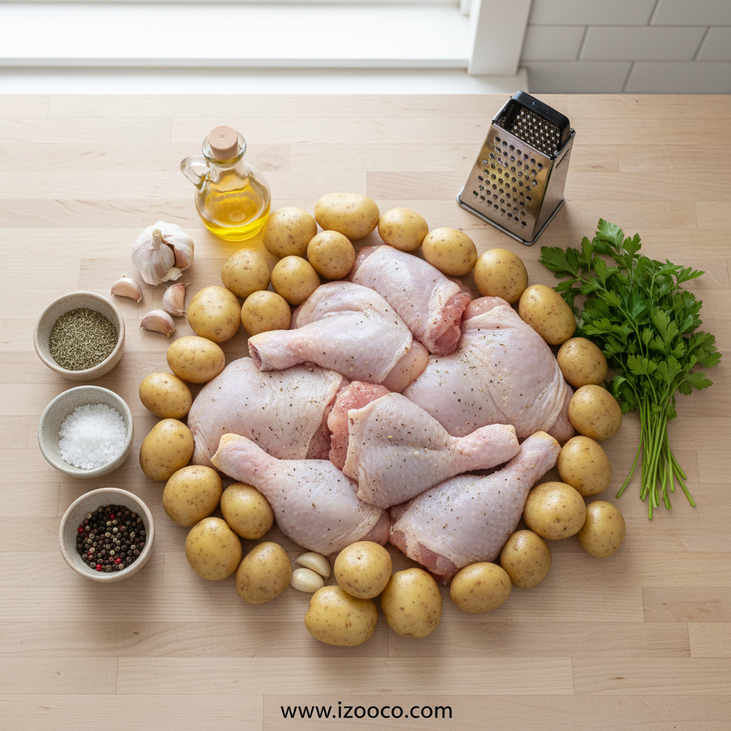 Ingredients for garlic parmesan chicken and potatoes laid out on counter