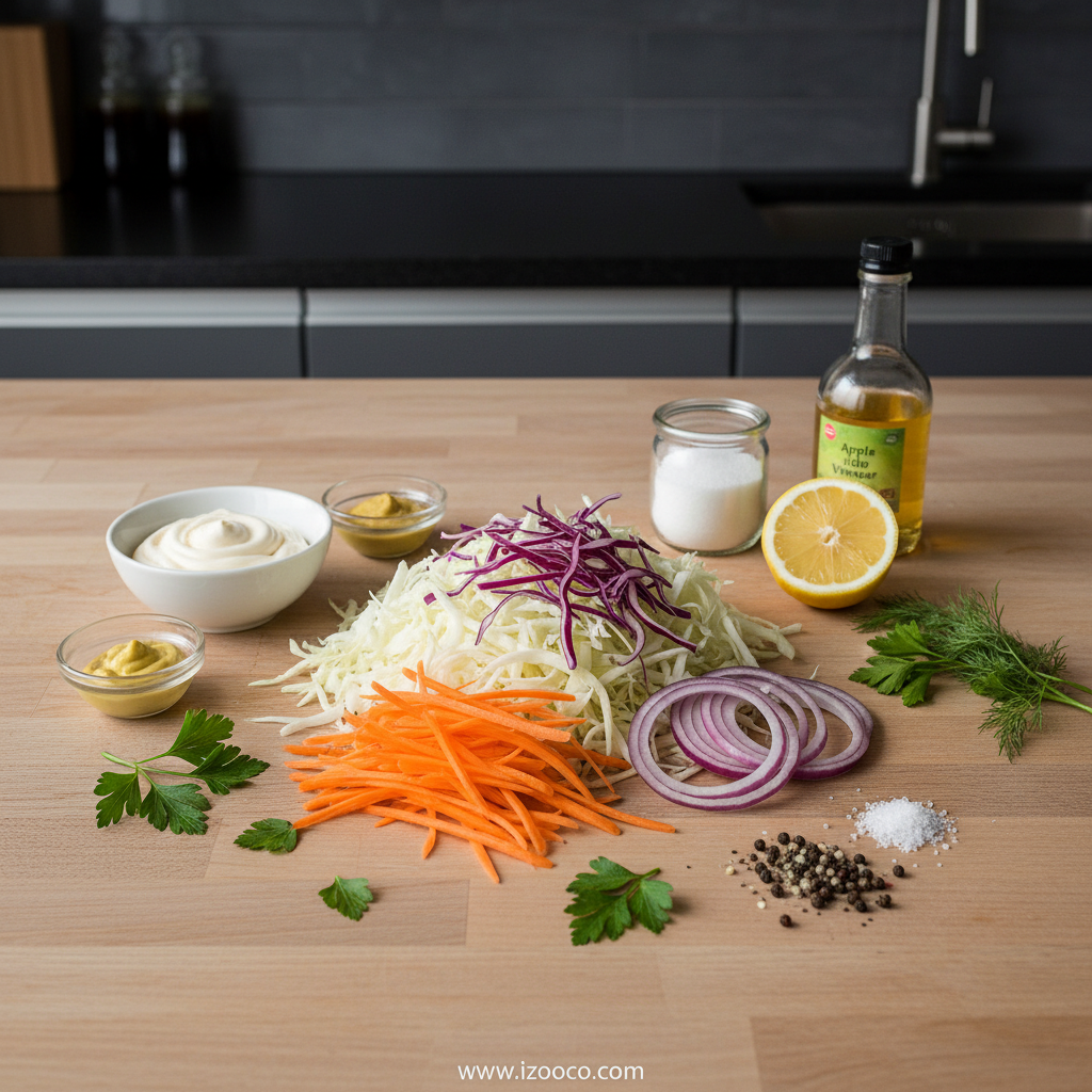Fresh ingredients for Gordon Ramsay coleslaw recipe including cabbage, carrots, mayonnaise, and seasonings