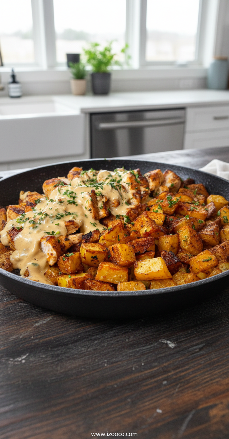 High protein creamy garlic chicken served with crispy roasted potatoes on a white plate