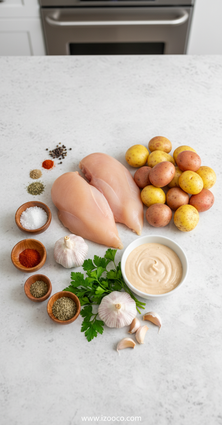 Ingredients for creamy garlic chicken and crispy potatoes lined up on counter