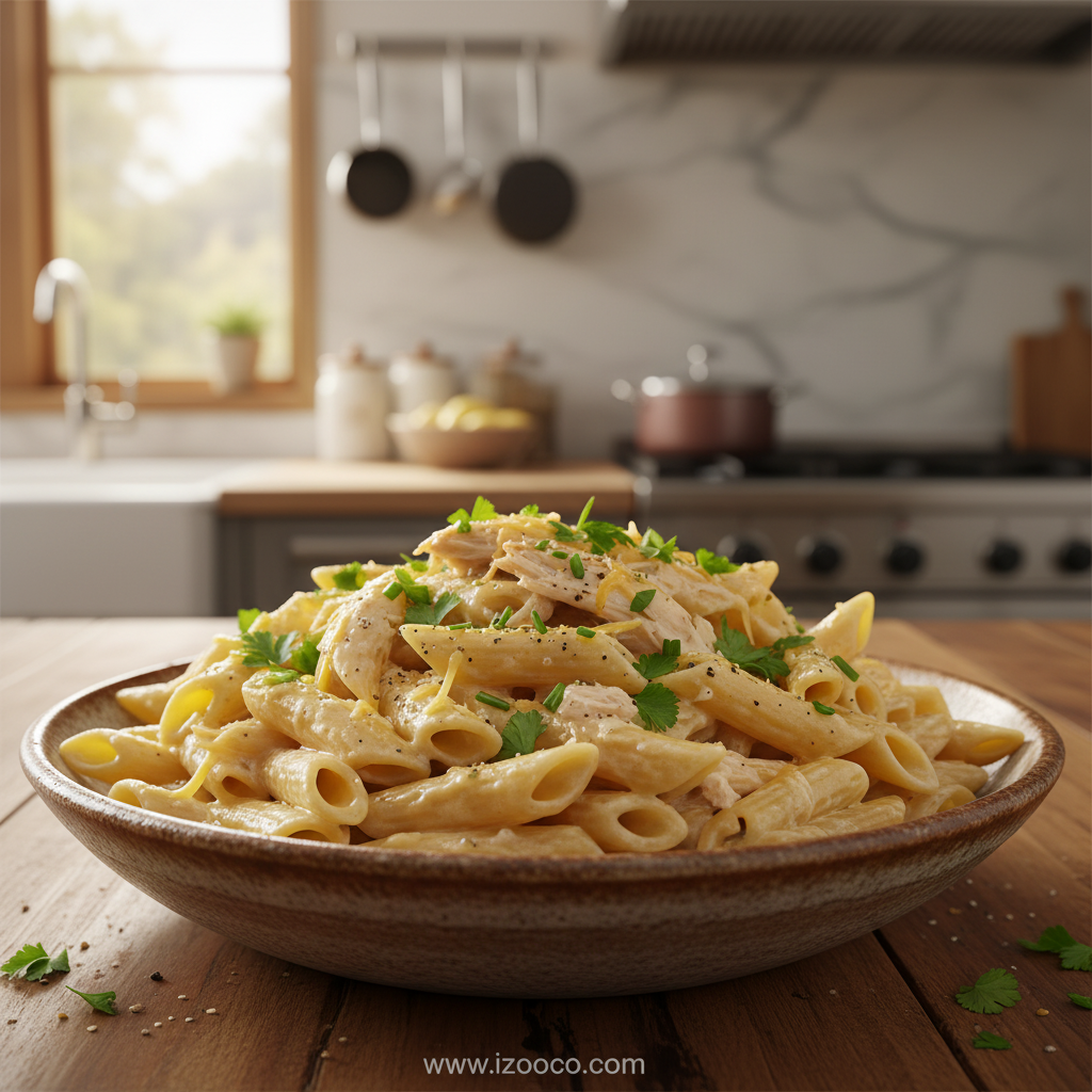 Creamy rotisserie chicken pasta in a white bowl