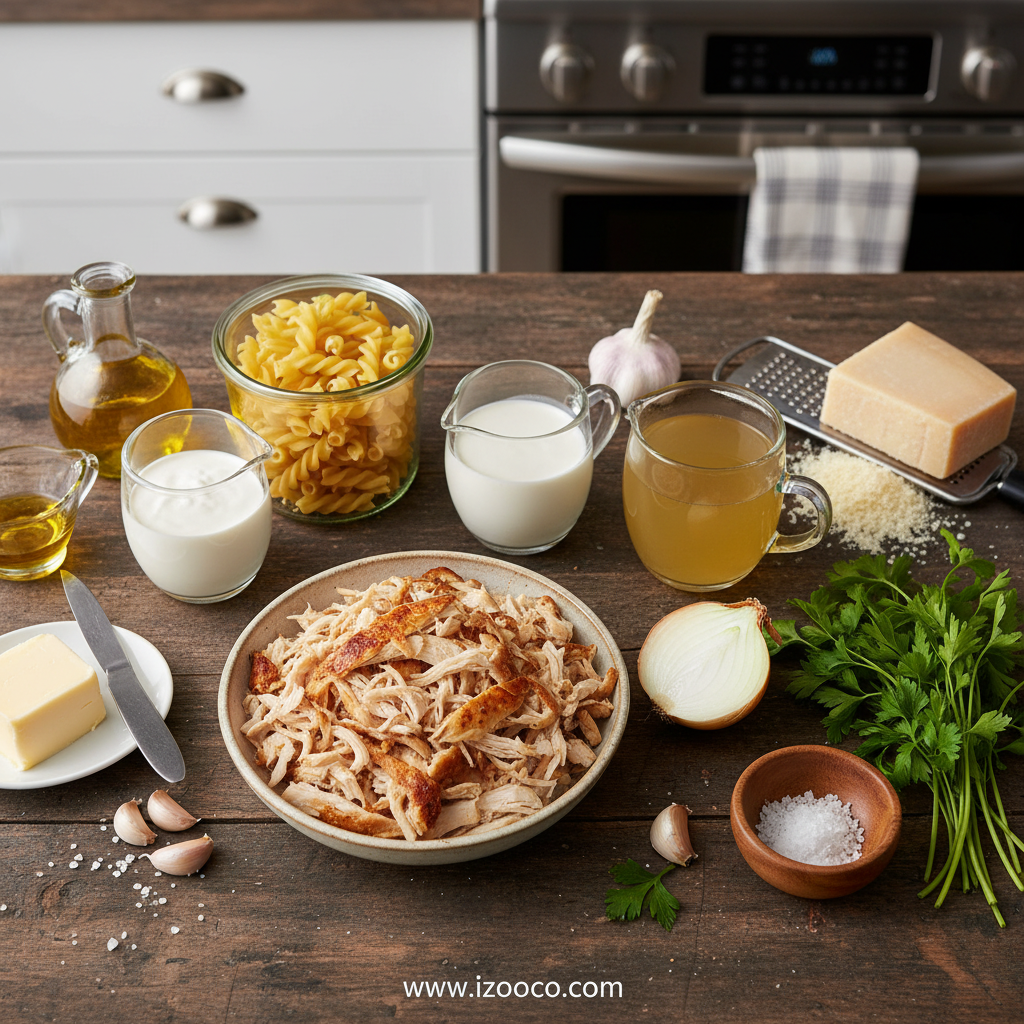 Ingredients for creamy rotisserie chicken pasta