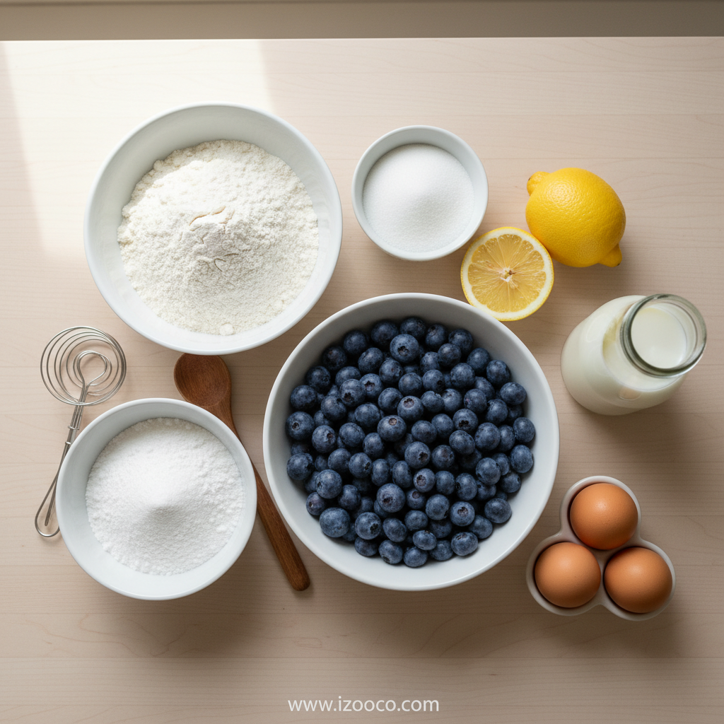 Ingredients for lemon blueberry loaf laid out on counter