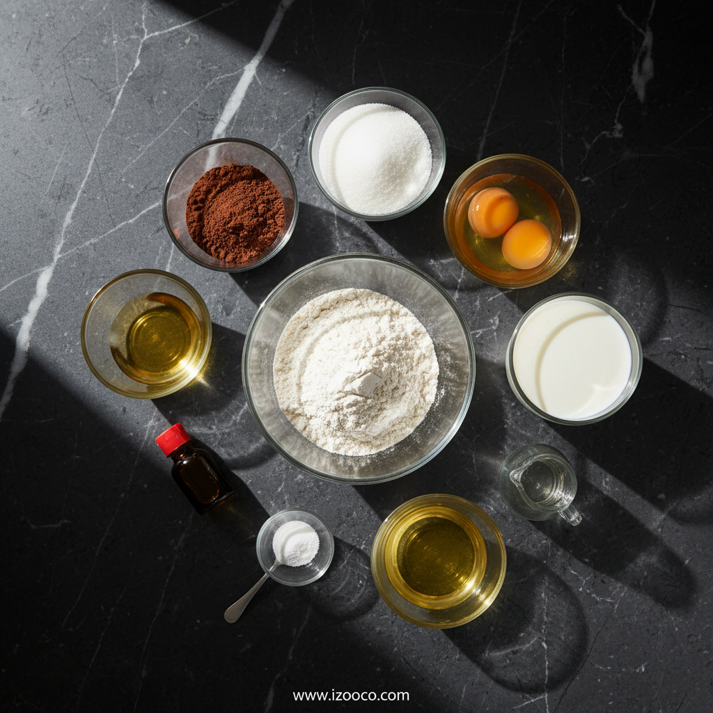 One Bowl Chocolate Cake: The Ultimate Moist Fudgy Dessert Recipe 2 Ingredients for moist fudgy chocolate cake including flour, cocoa powder, sugar, eggs, and oil