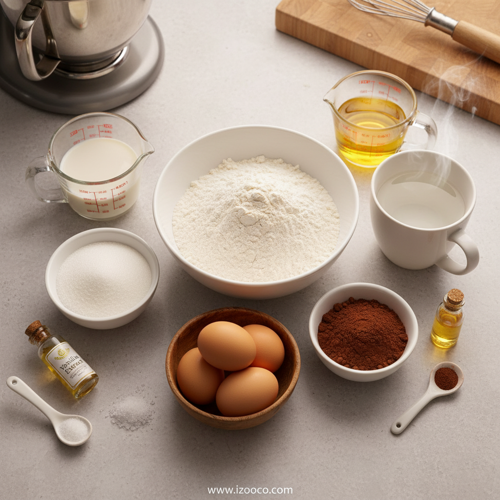 Ingredients for moist fudgy chocolate cake laid out on counter