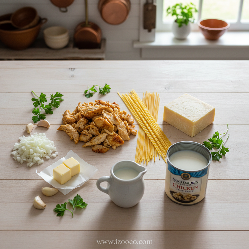 Ingredients for Monterey chicken spaghetti laid out for preparation
