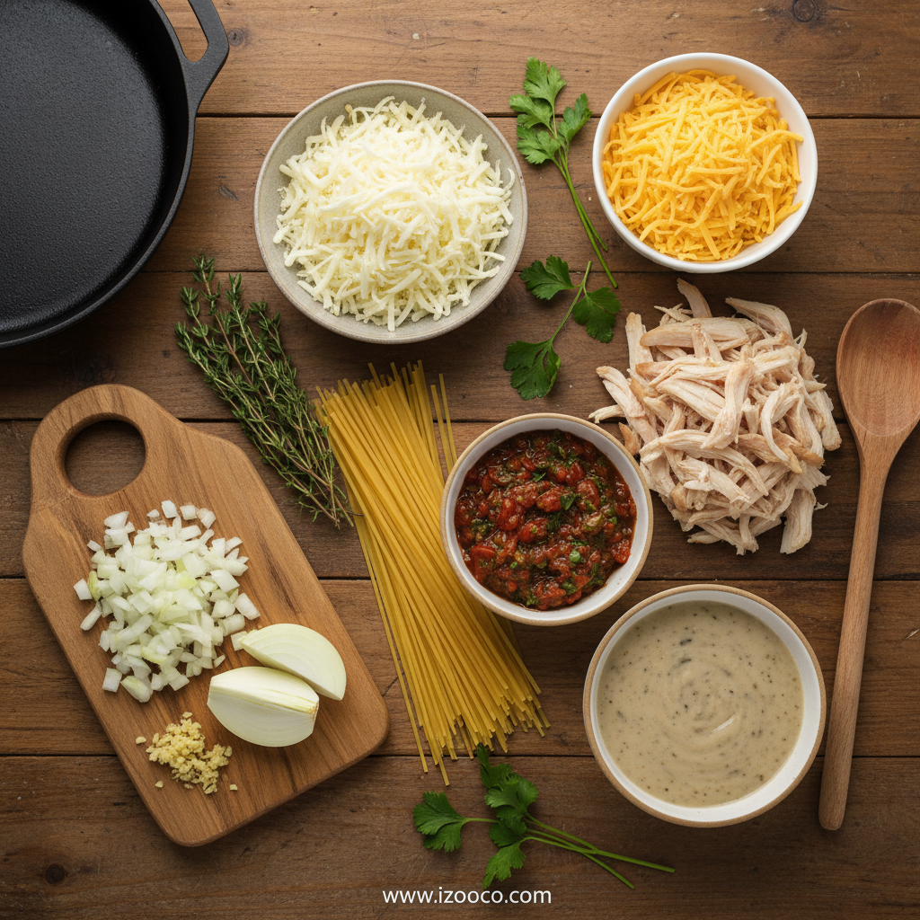 Ingredients for Monterey Chicken Spaghetti including halal chicken, turkey ham, cheeses, and pasta